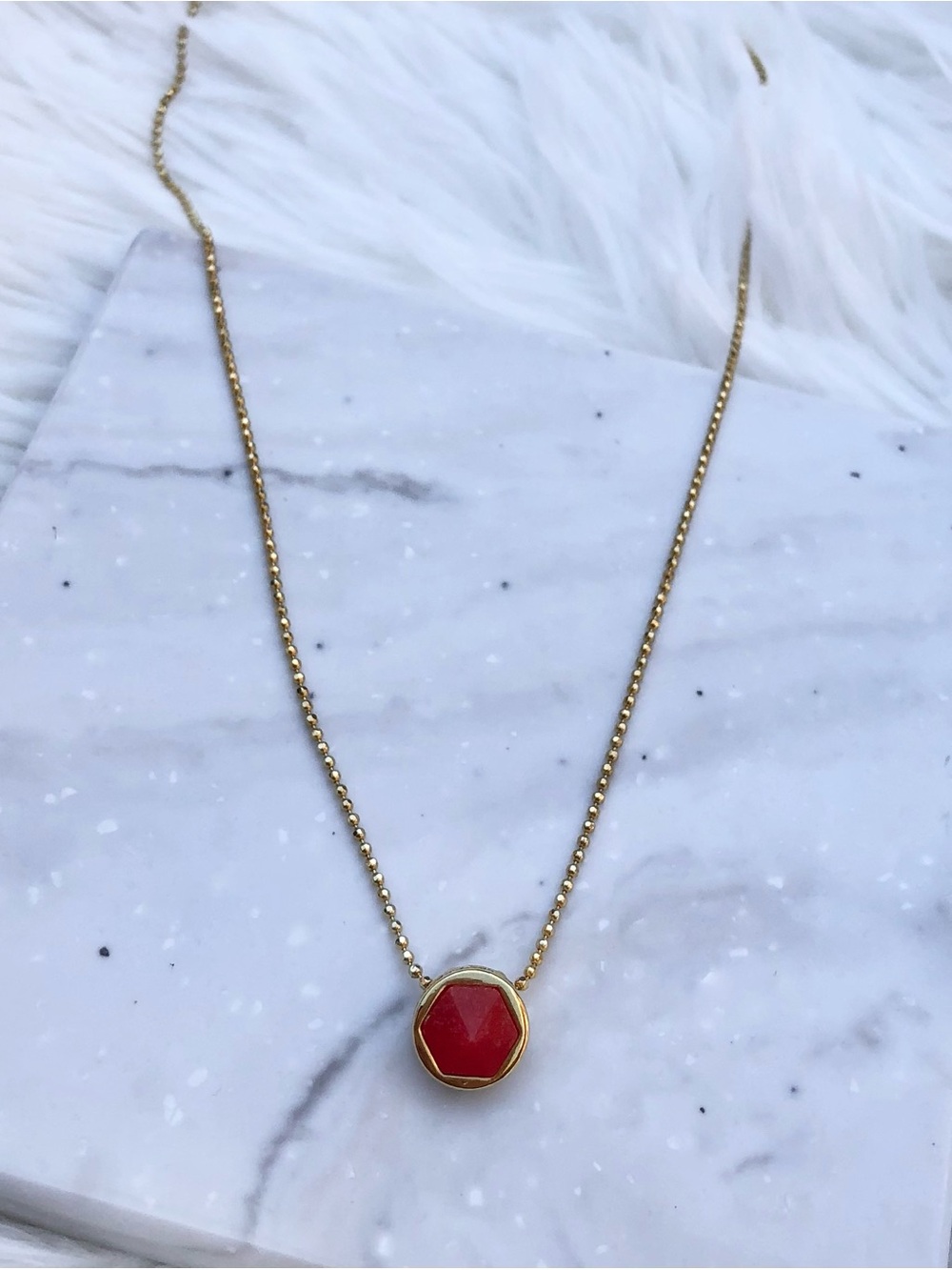Lauren Ralph Lauren Gold Chain Necklace with Red Hexagon Pendant